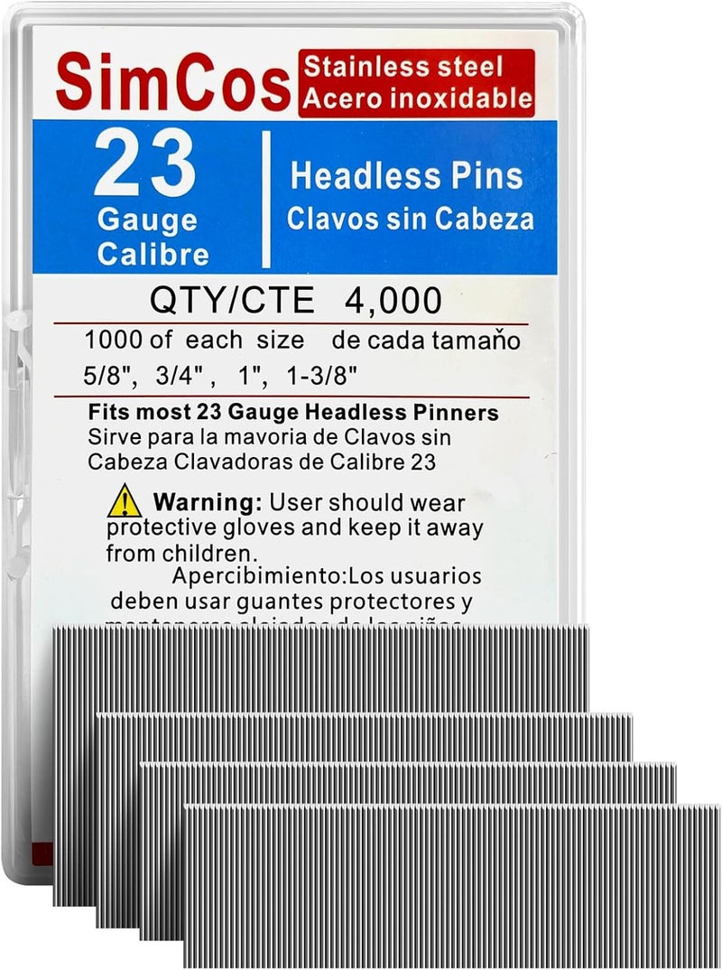 SimCos 23 Gauge Stainless Steel Pinner Nails (5/8",3/4",1",1-3/8") Assorted 4 Sizes' Headless Pin Nails for 23 GA Pneumatic or Electric Pin Nailer or pin Nail Gun,Project Pack (4000) - Image 1